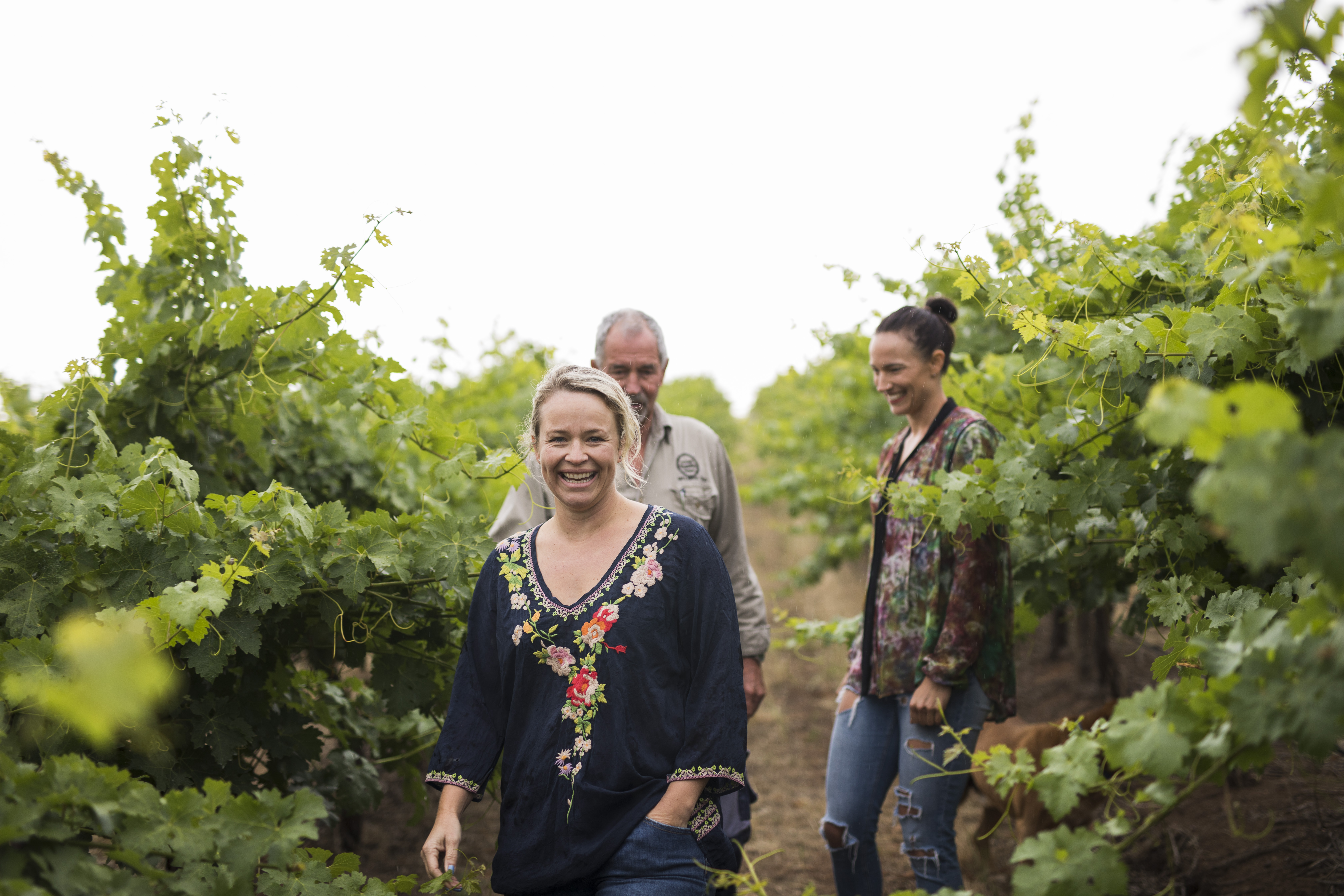 Two women and a man walking in the vineyard